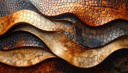 Abstract wavy scales of brown, gray, and white tones form a textured pattern with a metallic, reptile-like appearance