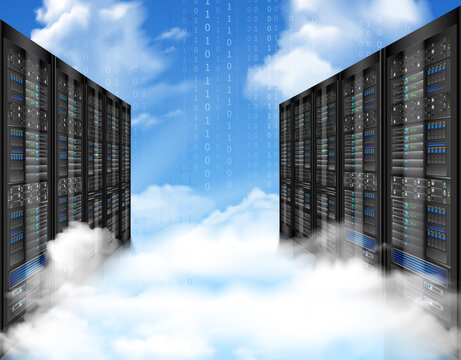 Massive server racks stand open like a gateway to the digital sky filled with clouds and stars symbolizing cloud computing