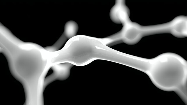 A close-up, abstract representation of a molecular structure with glowing white nodes and connecting strands against a dark background, illuminated by soft, dif