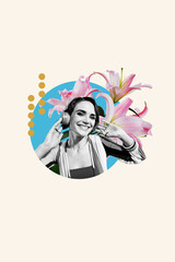3D collage design composite sketch of young woman happy smile wear headphones lsten music holiday flower plant international woman day