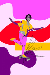 Obraz premium Banner image 3d collage poster of happy girl stand skateboard party concert performance celebration music entertainment event