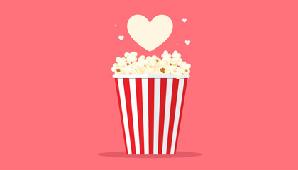 Popcorn in a red and white striped container with a heart above it on a pink background.