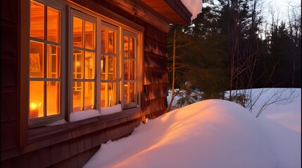 Warm Light Spilling from Cabin at Winter Dusk