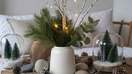 Minimalist Christmas Pine Decoration with Warm Fairy Lights
