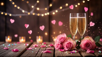 Romantic Valentine's/anniversary, happy new year scene. Champagne flutes, pink roses, petals on rustic wood. Soft background of string lights, candles, pink hearts create intimacy.