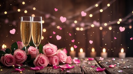 Romantic Valentine's/anniversary, happy new year scene. Champagne flutes, pink roses, petals on rustic wood. Soft background of string lights, candles, pink hearts create intimacy.