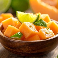 Close-up of fruit cubes in wooden bowl with lime and mint
