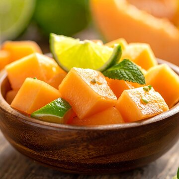 Close-up of fruit cubes in wooden bowl with lime and mint