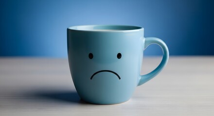 Light blue mug with sad face on light striped surface and blue background emotion
