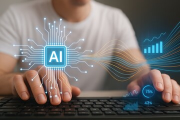 Artificial intelligence chip and data graphs on keyboard for advanced analytics and machine learning insights