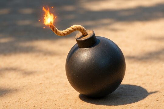 A close-up of a round, black bomb with a lit fuse, resting on a textured surface