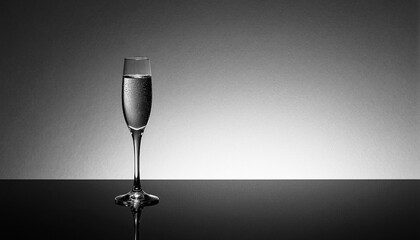 Black and white image of a single champagne flute on a neutral background with a central light. High contrast, copy space, wallpaper, new year theme.