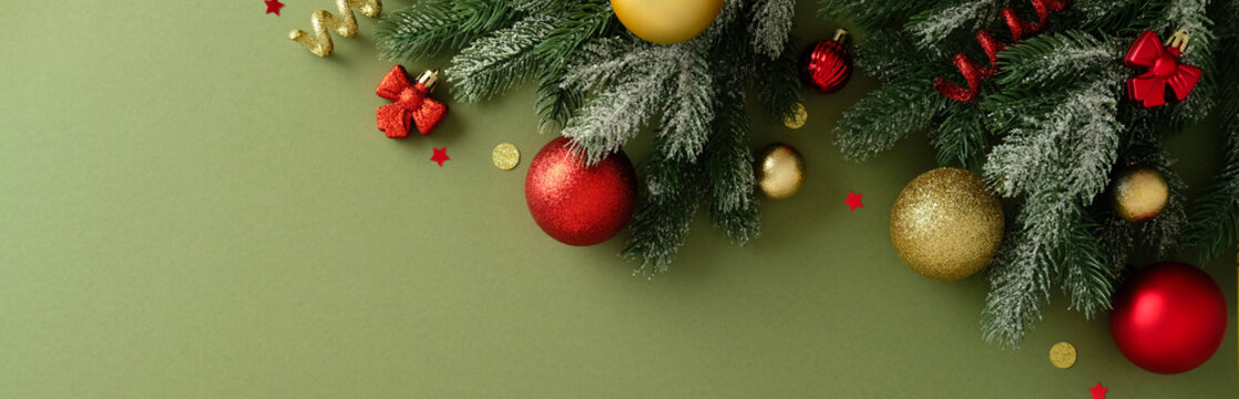 Christmas banner. Red and gold Christmas bauble decorations, fir branches, and confetti on green background. - Powered by Adobe