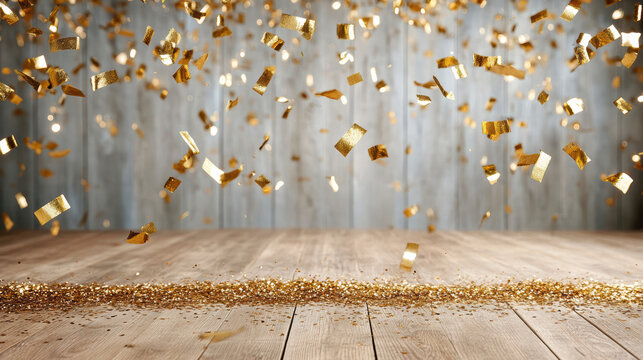 Golden confetti wooden floor bokeh lights celebration sparkle party glitter festive falling