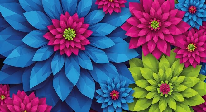 Abstract Low-Poly Flowers - Vibrant Geometric Floral Pattern in Blue and Fuchsia - Digital Art Background