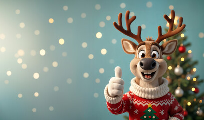Obraz premium Renne de noël avec un pull de Noël et bois de renne, isolé sur fond bleu espace vide pour du texte