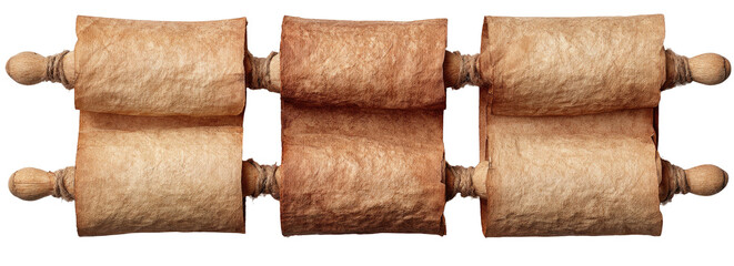 Three ancient scrolls, rolled with wooden handles, aged parchment