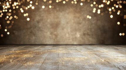 Golden festive glow background with wooden floor and soft spark particles