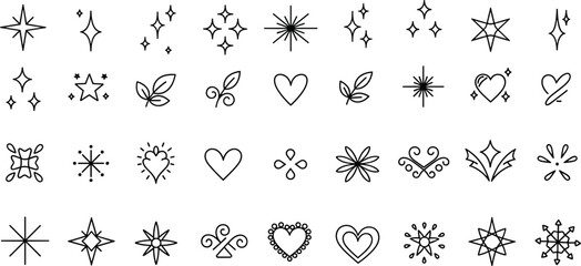 Collection of black line art icons stars hearts leaves and floral elements