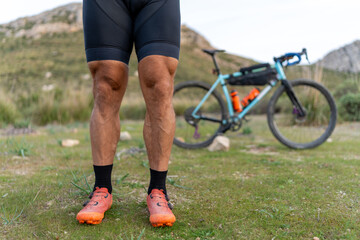 Close up of cyclist showing strong legs during outdoor adventure