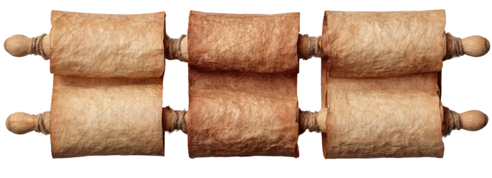 Three ancient scrolls, rolled with wooden handles, aged parchment