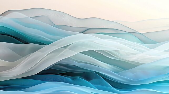 Abstract flowing fabric waves in cool blue and teal tones with soft ambient light. The image features layered, translucent material creating a sense of depth an