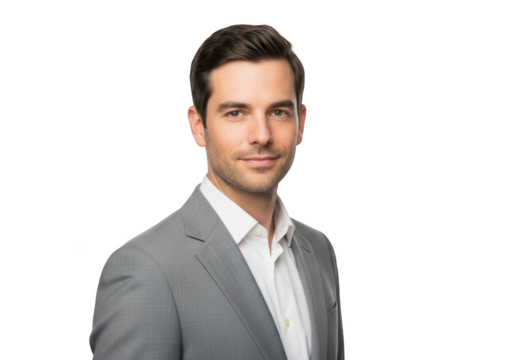 A professional headshot of a man in a gray suit, business suit, businessman, gray, man, portrait, pose, smile, stand, suit, tie, wear