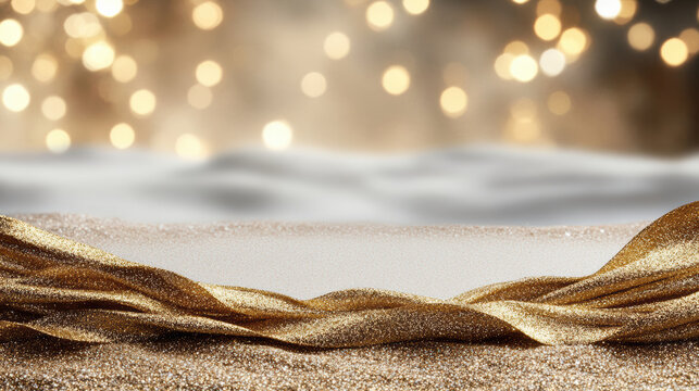 Golden glittery ribbon curve with festive bokeh glow and shimmering texture