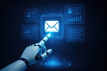 Robotic hand interacting with digital interface, email communication icon, data and profiles