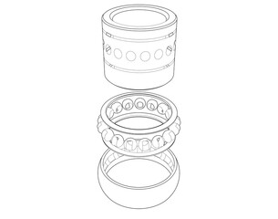 Wireframe Depiction of an exploded ball bearing assembly. This Technical Drawing uses Simple Line Art and Outline Illustration in a Monochrome style, showing precision mechanical components.