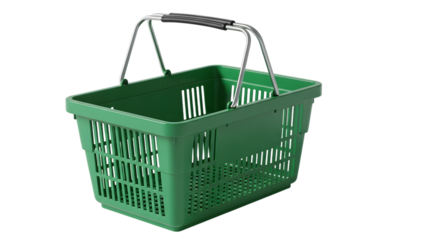 Isolated green plastic shopping basket with metal handle on a black background