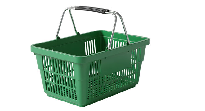 Isolated green plastic shopping basket with metal handle on a black background