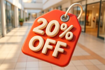 A large, red tag with "20% OFF" floats in front of a blurry mall corridor
