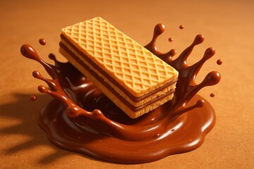 A layered wafer cookie suspended in a splash of rich, swirling chocolate sauce