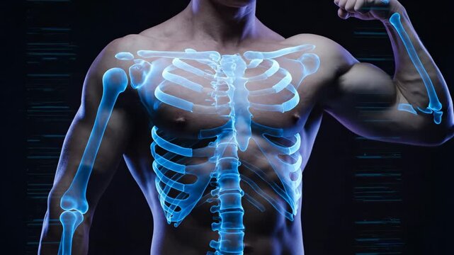 Man showing bicep with internal visible skeleton. Strong bone structure and muscles for health and fitness. Sport and body strength concept.