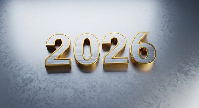 A close up of the numbers two zero two six with a gold outline on silver