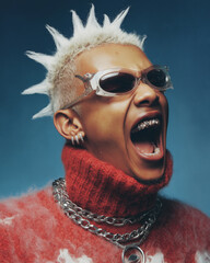 Energetic Punk Fashion Portrait with Spiky Hair and Grills