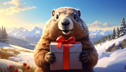 A furry groundhog holds a gift with a red bow in a snowy mountain landscape on a sunny day