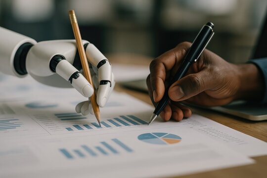Robotic arm and human hand collaborate on data analysis with charts and graphs