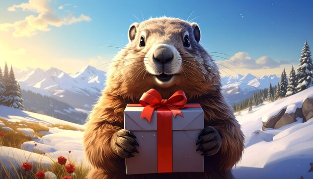 A furry groundhog holds a gift with a red bow in a snowy mountain landscape on a sunny day