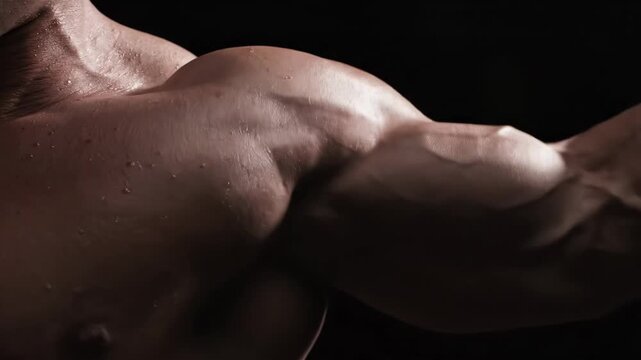 Muscular mans sweaty bicep and deltoid flex during intense workout. Concept of bodybuilding, sport, fitness.