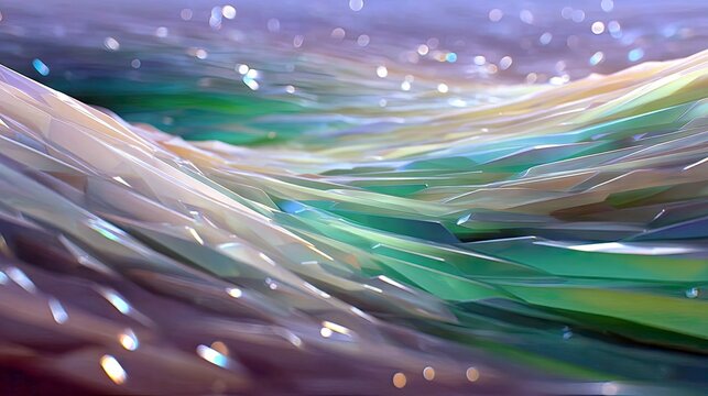 An abstract, dreamlike scene featuring flowing, iridescent waves composed of sharp, crystalline shapes in shades of green, blue, and purple. Sparkling bokeh lig
