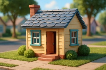 A small, cartoonish house sits on green grass with the door open and other houses in background