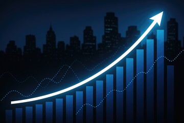 Financial chart showing upward trend with bright arrow and city skyline, finance, growth, market, stock