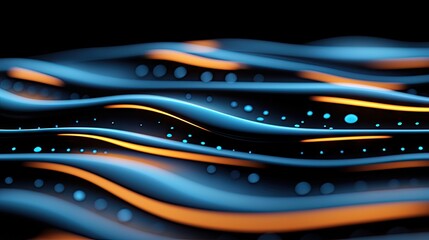 Abstract flowing waves with glowing blue and orange lights on a dark background. The image features smooth, undulating lines and scattered dots of light, creati
