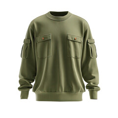 Olive crewneck sweatshirt with large pockets, rounded shoulders