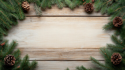 Green pine garland red bauble pinecone evergreen frame rustic wooden board festive cozy