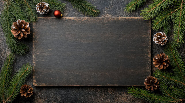 Green pine garland red bauble pine cone winter chalkboard holiday greeting