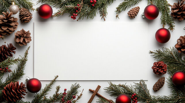 Green pine garland red bauble pinecone frame holiday card with warm festive mood - Powered by Adobe