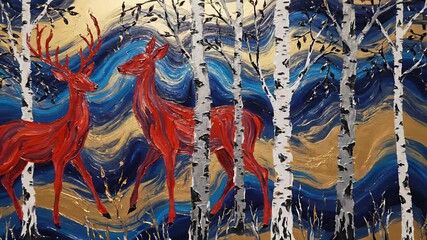 Two deer graze peacefully amidst a forest setting with a blue sky overhead, capturing the serene concept of natural harmony, perfect for background footage or wildlife documentary uses.